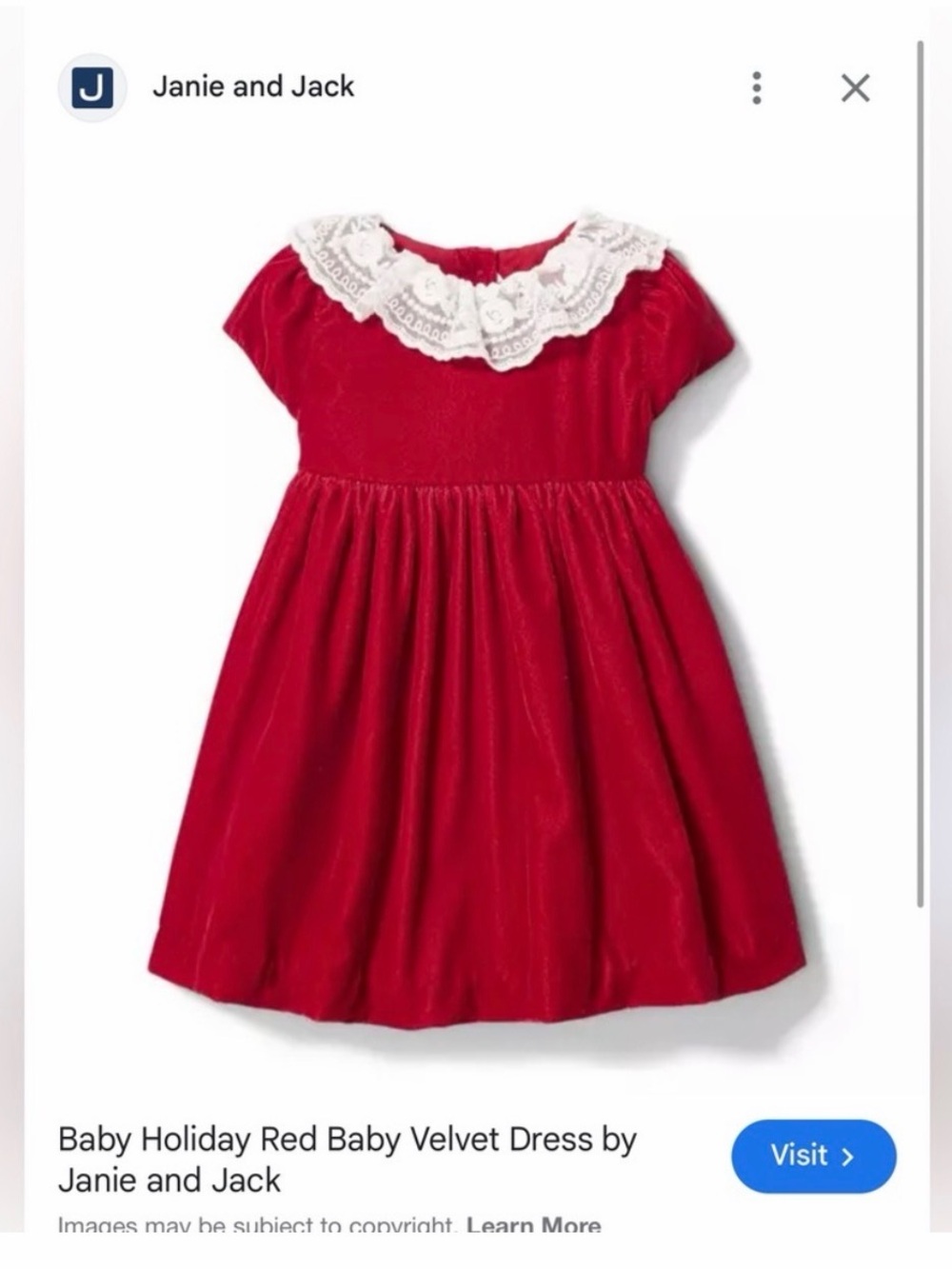 Janie and Jack Red Velvet Dress with White Lace Collar
